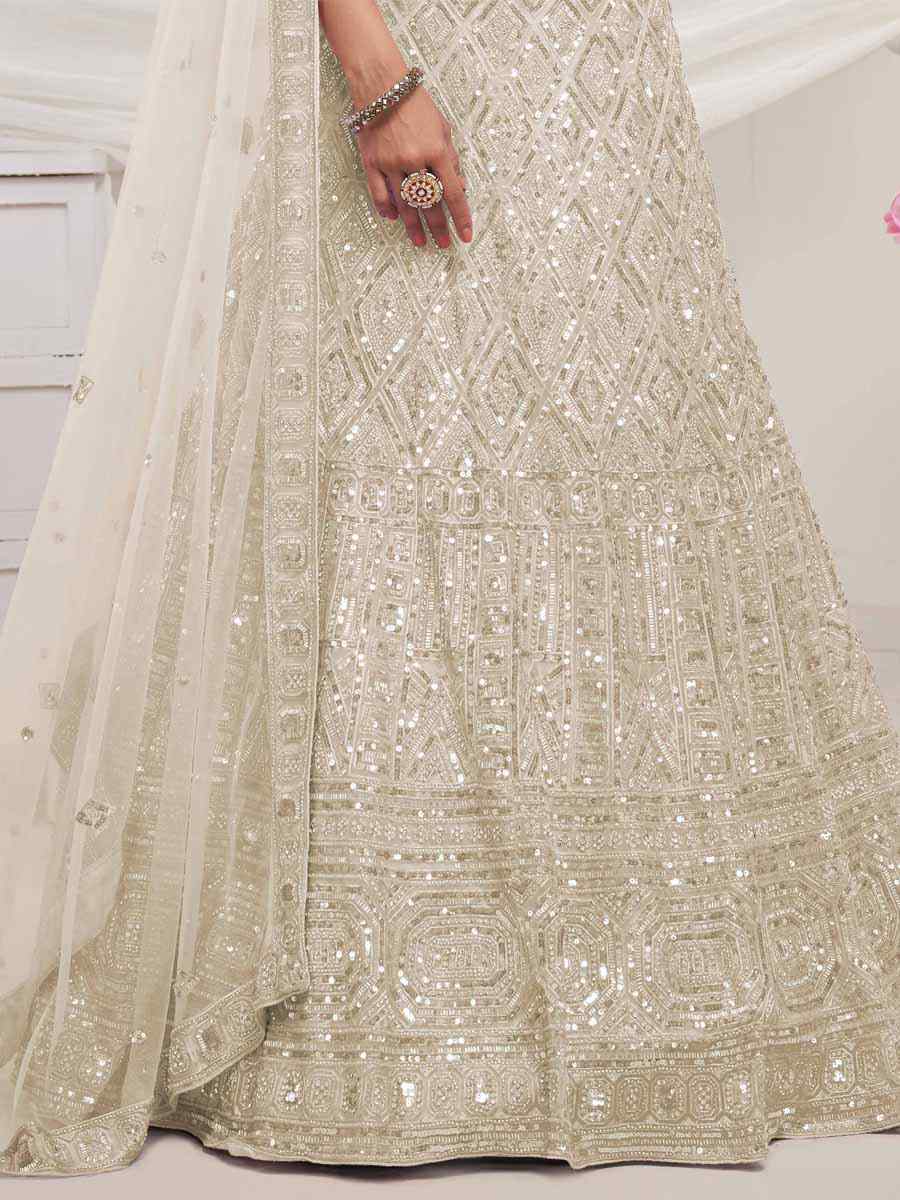 Off White Soft Net Embroidered Bridesmaid Wedding Heavy Border Lehenga Choli