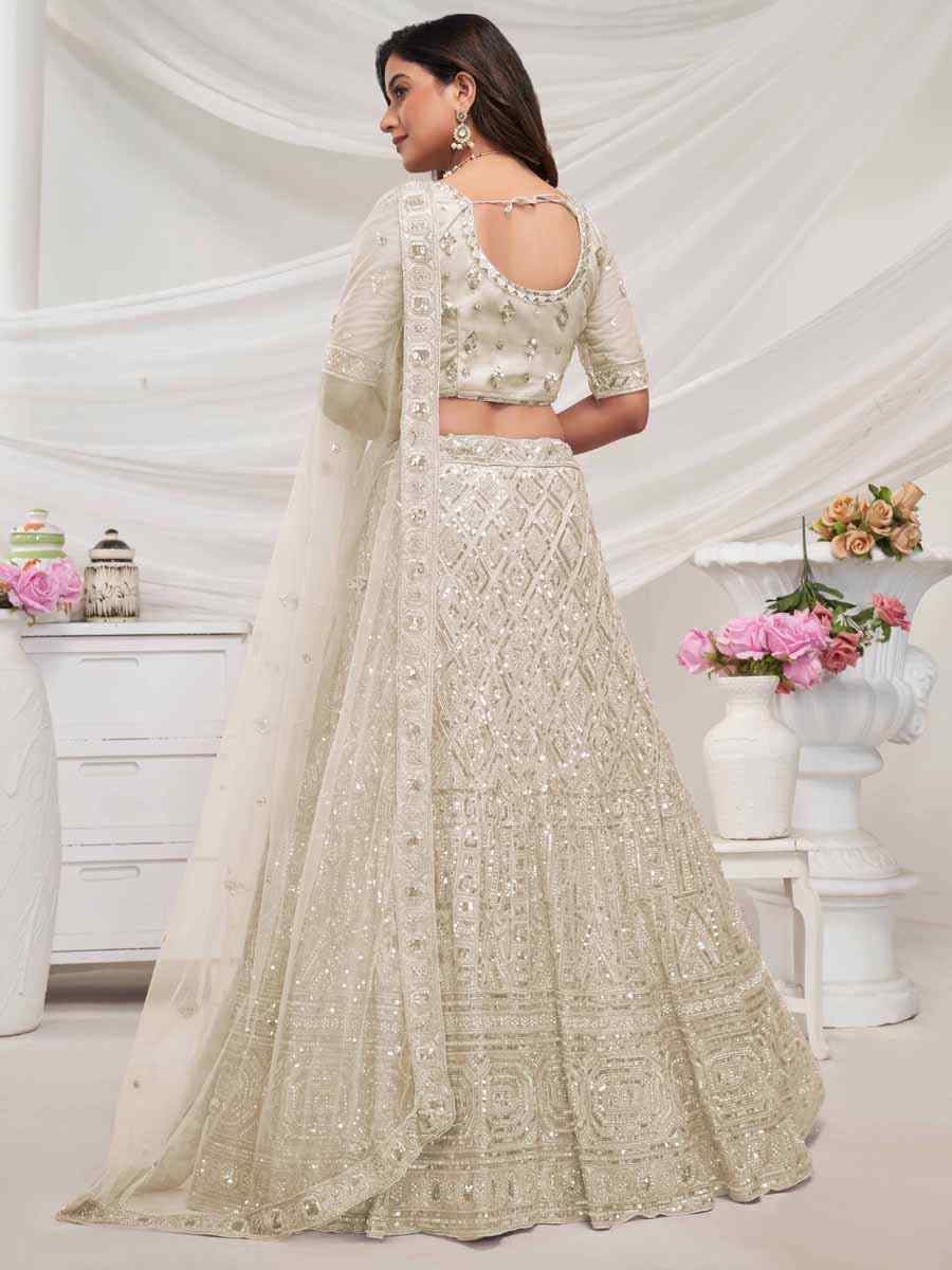 Off White Soft Net Embroidered Bridesmaid Wedding Heavy Border Lehenga Choli