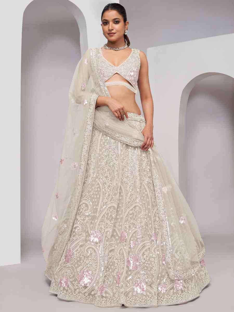 Off White Soft Net Embroidery Bridesmaid Wedding Heavy Border Lehenga Choli