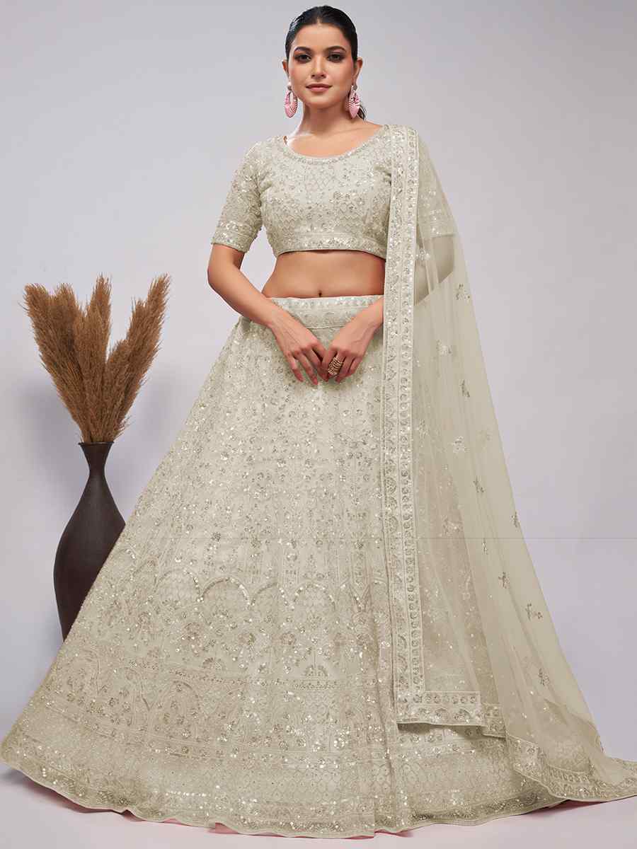 Off White Soft Net Embroidery Bridesmaid Wedding Heavy Border Lehenga Choli