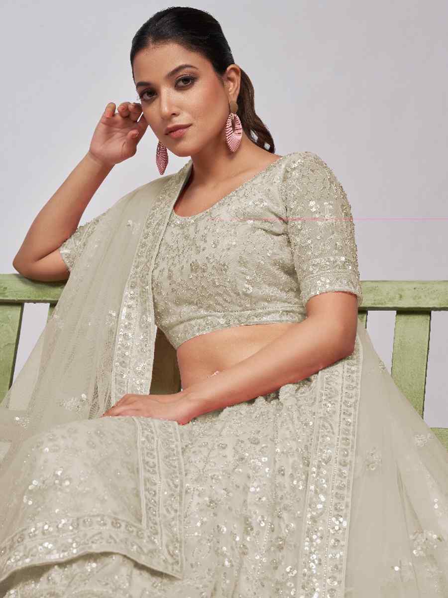 Off White Soft Net Embroidery Bridesmaid Wedding Heavy Border Lehenga Choli