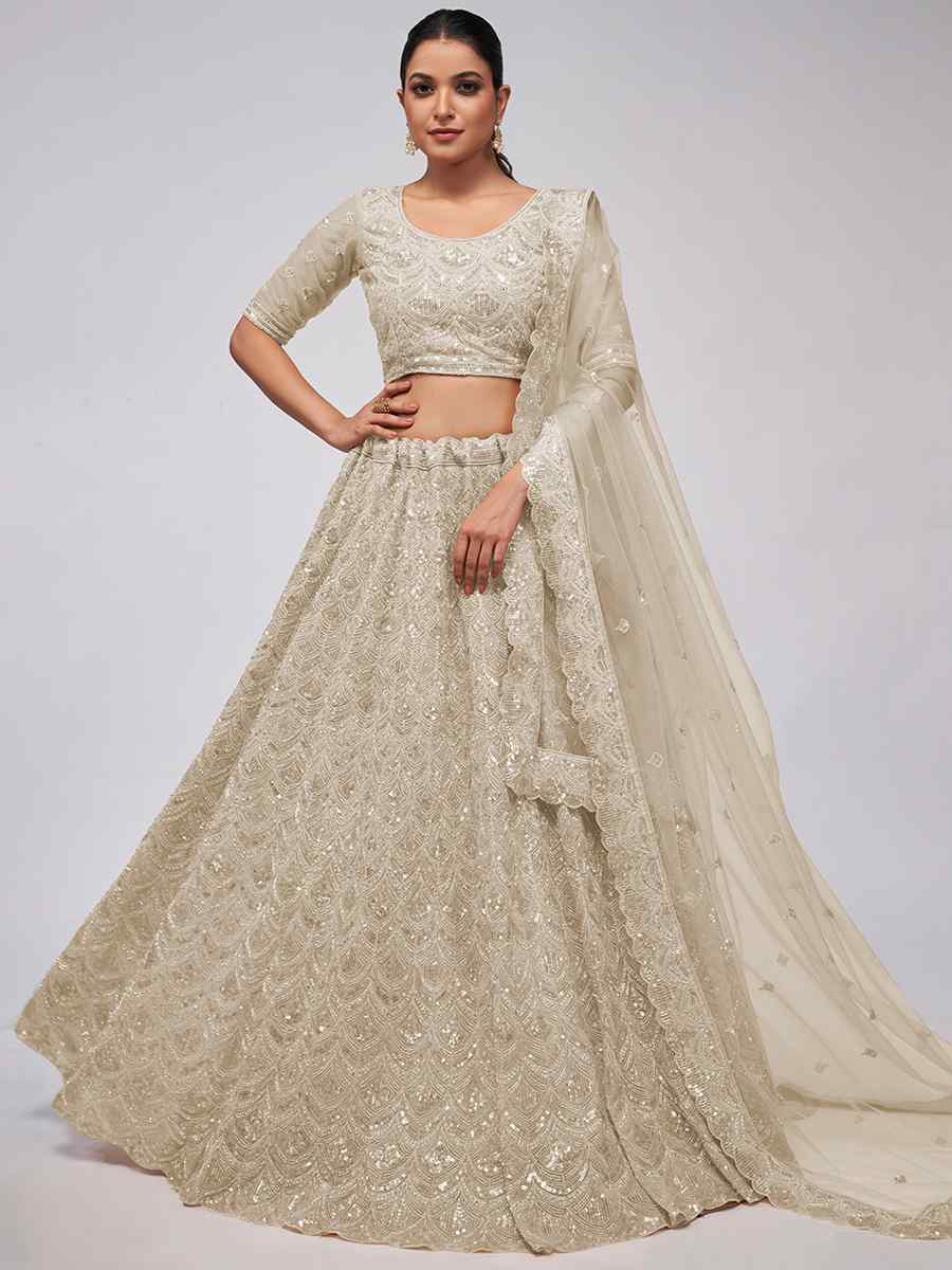 Off White Soft Net Embroidery Bridesmaid Wedding Heavy Border Lehenga Choli