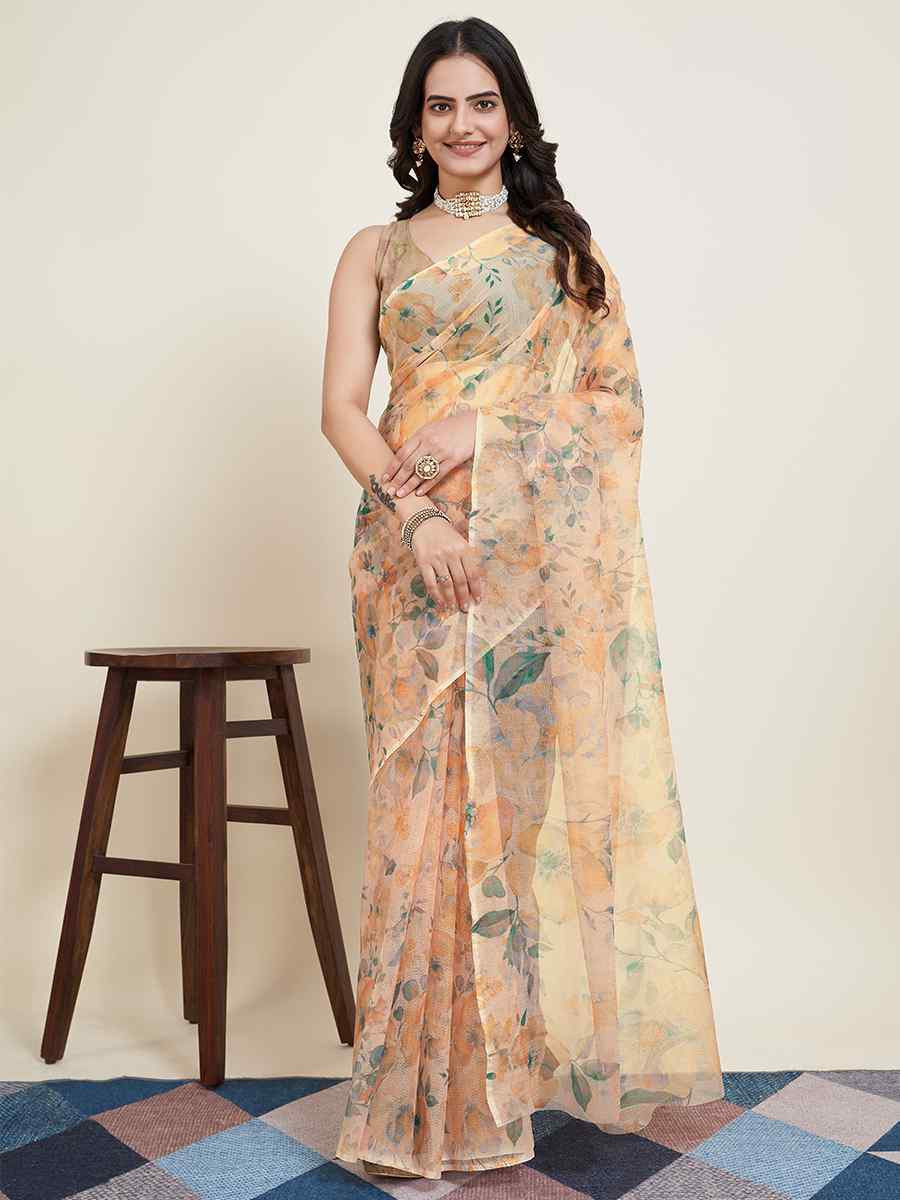 Off White Super Net Printed Festival Casual Contemporary Saree