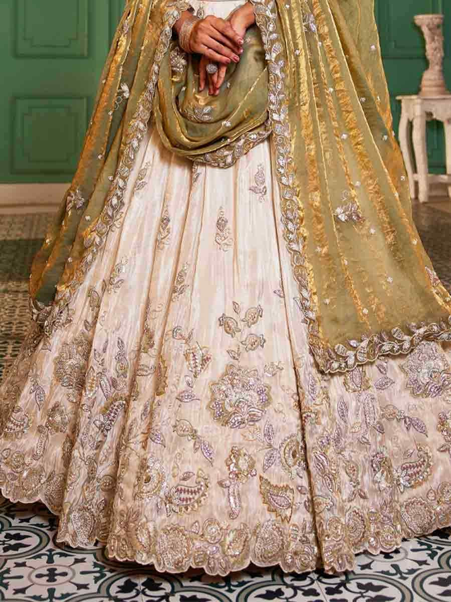 Off White Tissue Embroidery Reception Party Wear Heavy Border Lehenga Choli