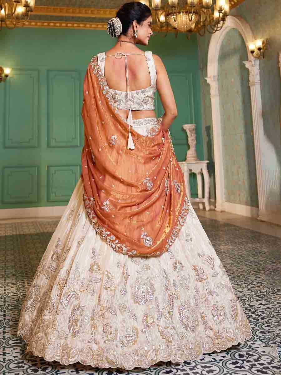 Off White Tissue Embroidery Reception Party Wear Heavy Border Lehenga Choli