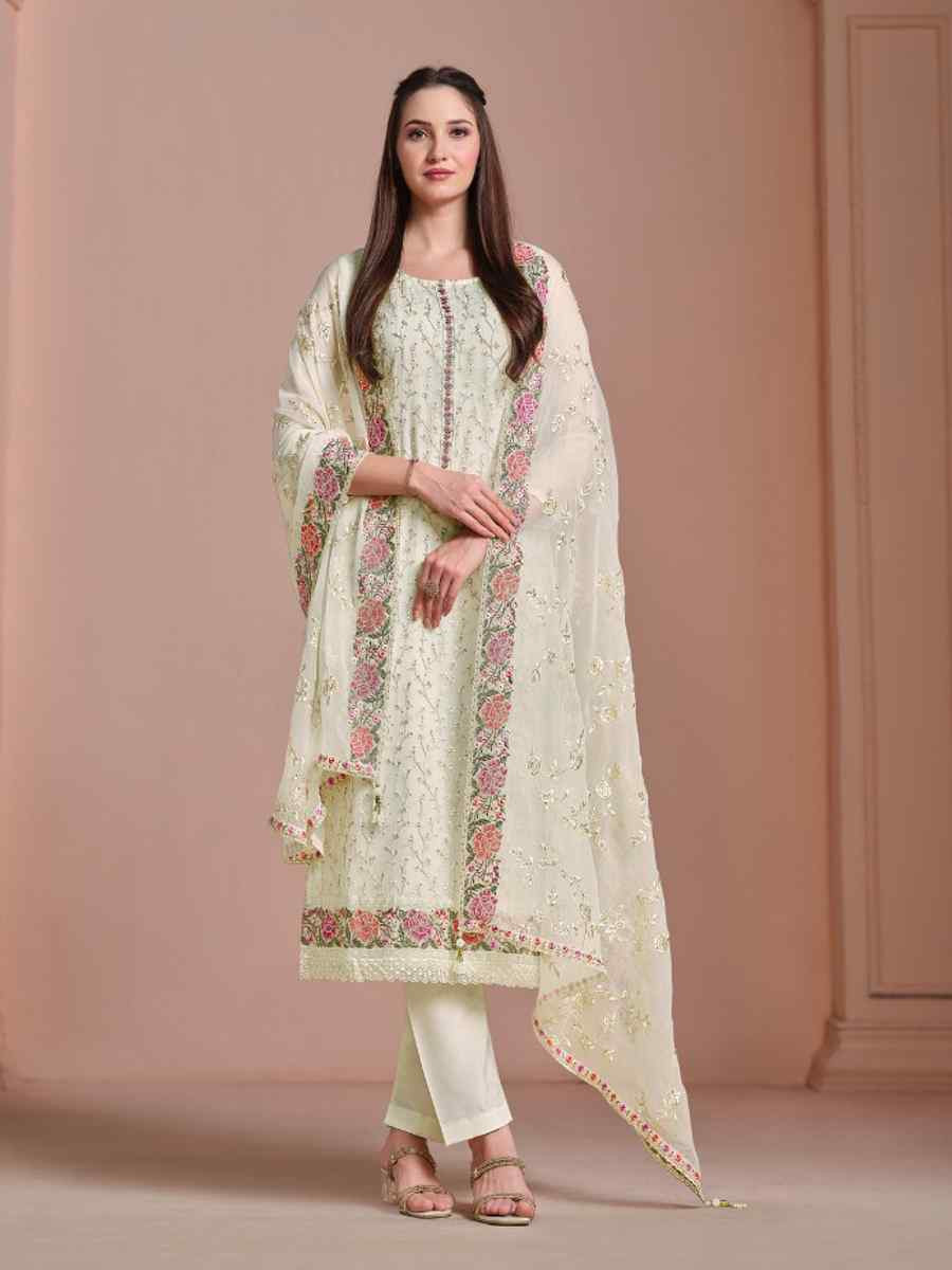 Off White Twinkle Chiffon Embroidered Festival Wedding Pant Salwar Kameez