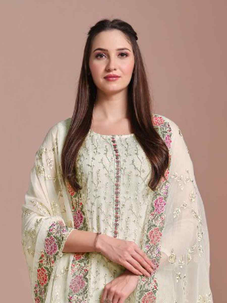 Off White Twinkle Chiffon Embroidered Festival Wedding Pant Salwar Kameez