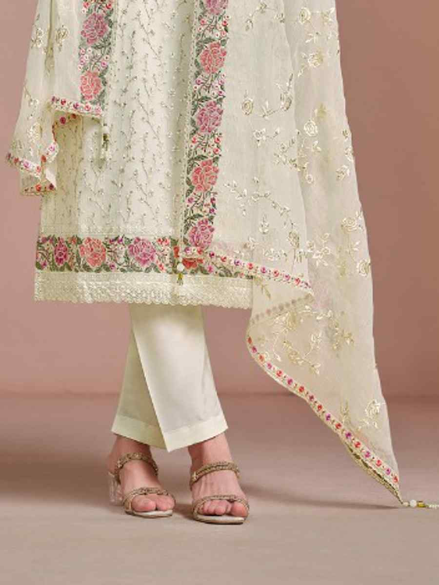 Off White Twinkle Chiffon Embroidered Festival Wedding Pant Salwar Kameez