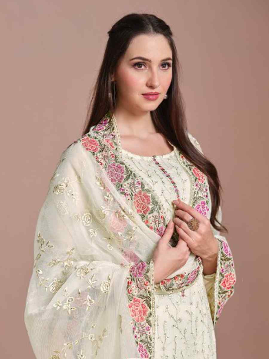 Off White Twinkle Chiffon Embroidered Festival Wedding Pant Salwar Kameez