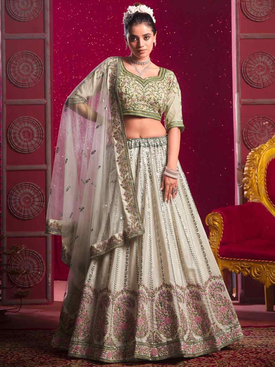 Off White Venila Shine Silk Embroidered Bridesmaid Wedding Heavy Border Lehenga Choli