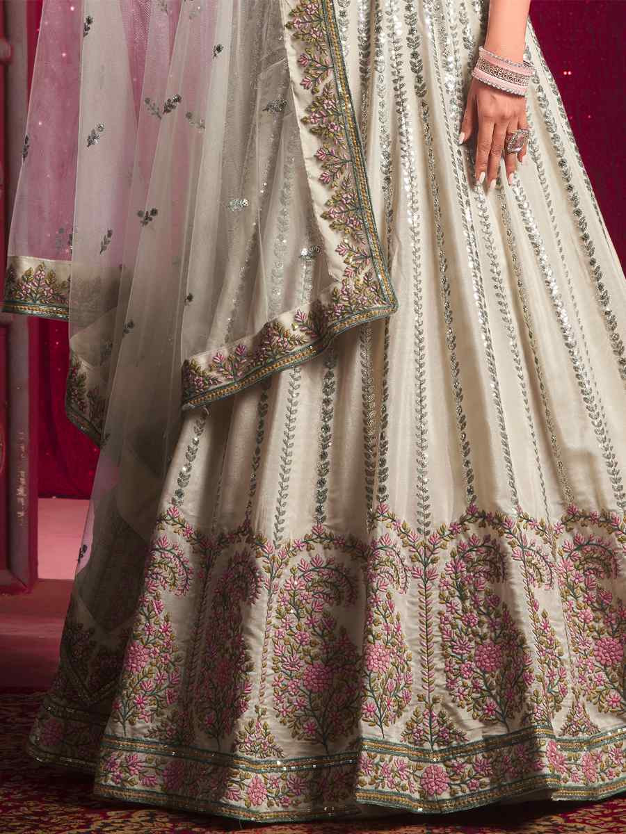 Off White Venila Shine Silk Embroidered Bridesmaid Wedding Heavy Border Lehenga Choli