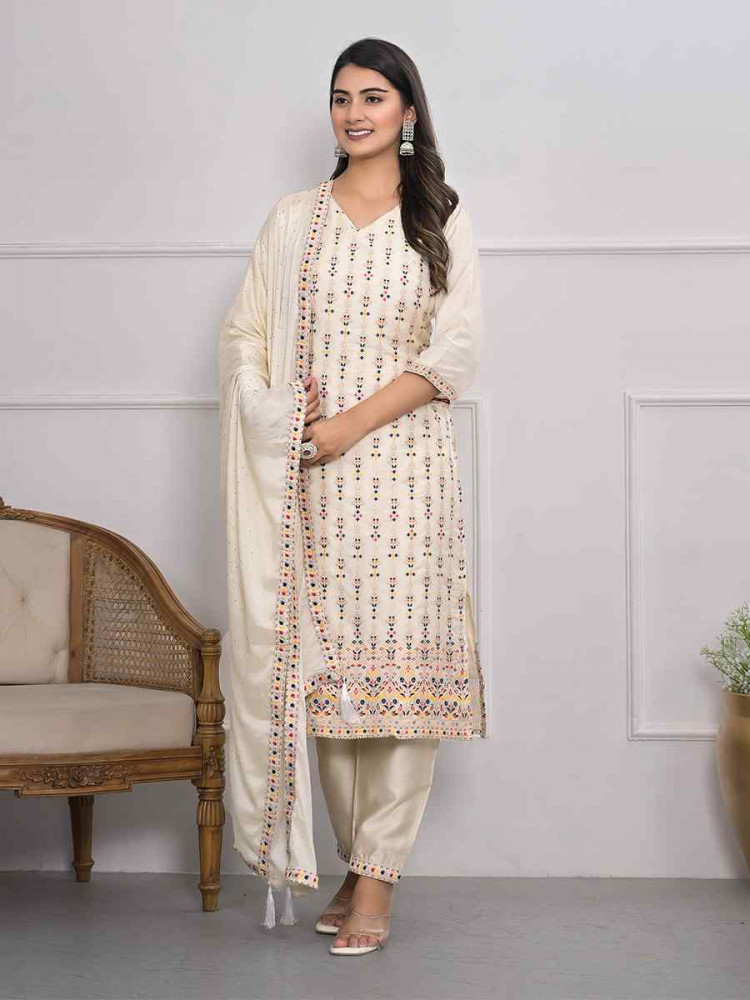 Off White Viscoce Silk Embroidered Festival Wedding Ready Pant Salwar Kameez