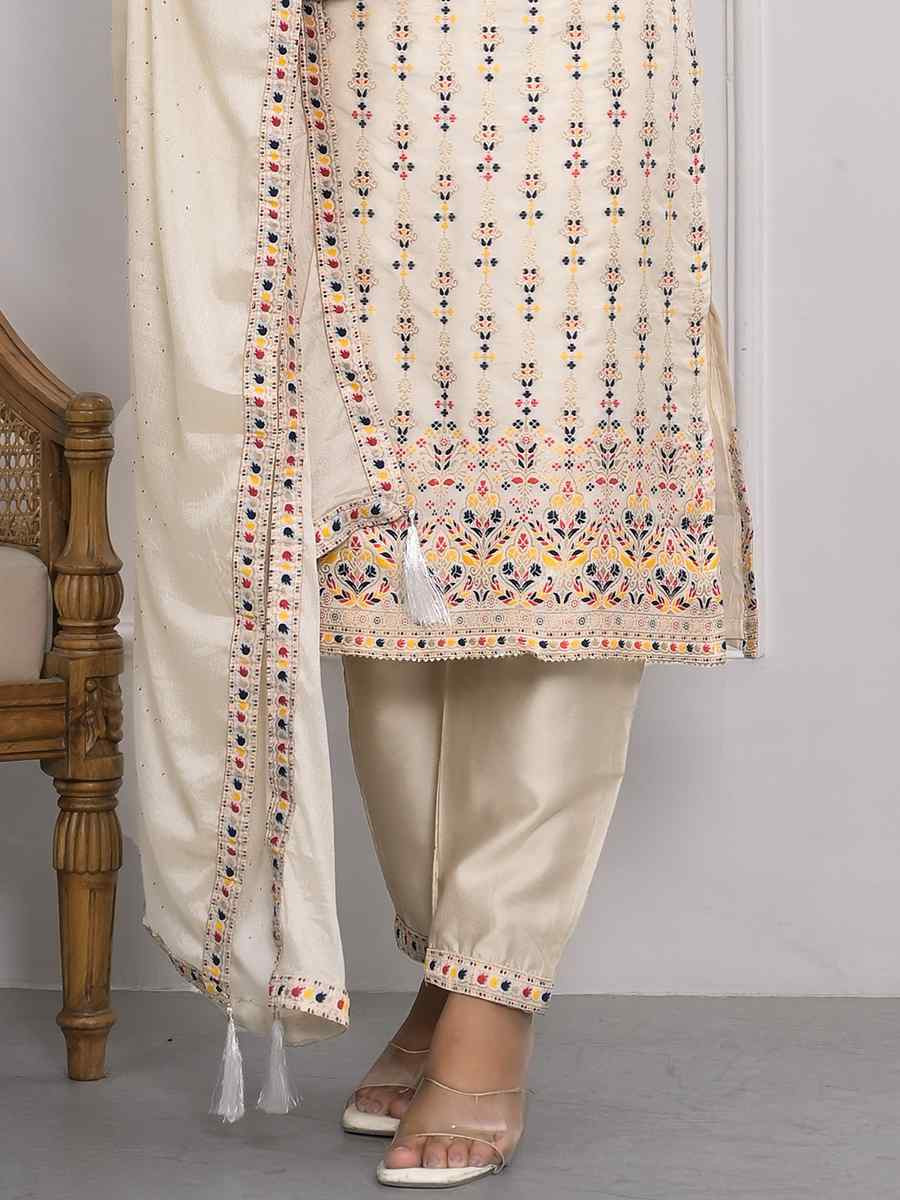 Off White Viscoce Silk Embroidered Festival Wedding Ready Pant Salwar Kameez