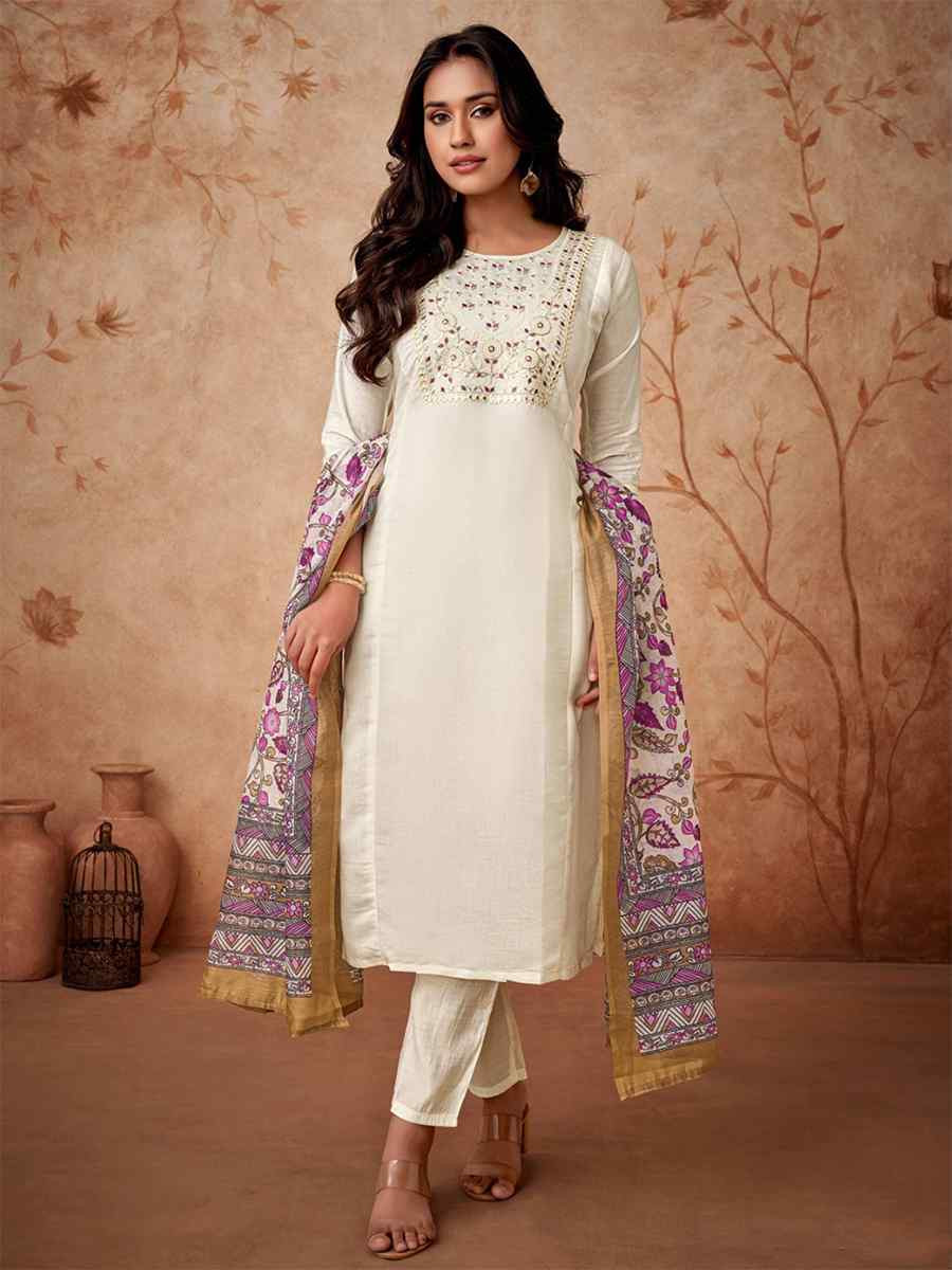 Off White Viscose Chanderi Embroidered Festival Casual Ready Pant Salwar Kameez