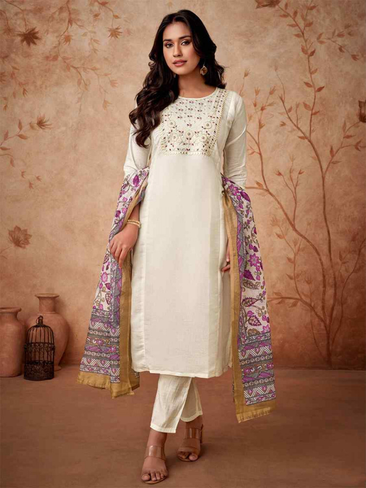 Off White Viscose Chanderi Embroidered Festival Casual Ready Pant Salwar Kameez