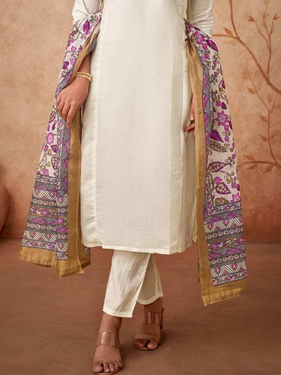 Off White Viscose Chanderi Embroidered Festival Casual Ready Pant Salwar Kameez