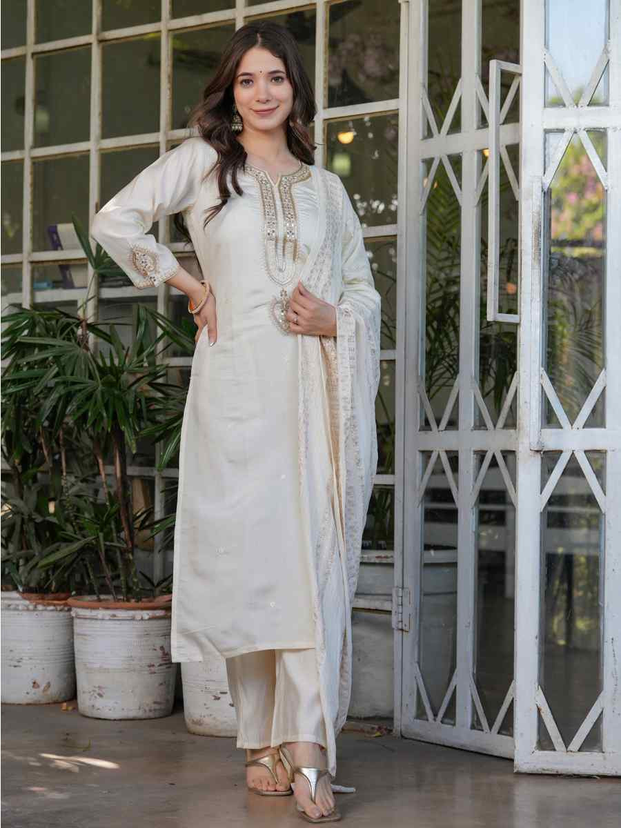 Off White Viscose Chanderi Embroidered Festival Casual Ready Pant Salwar Kameez