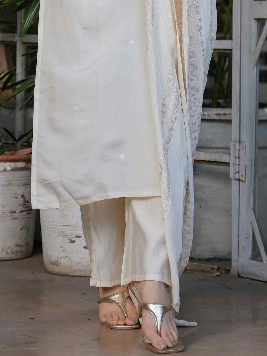 Off White Viscose Chanderi Embroidered Festival Casual Ready Pant Salwar Kameez