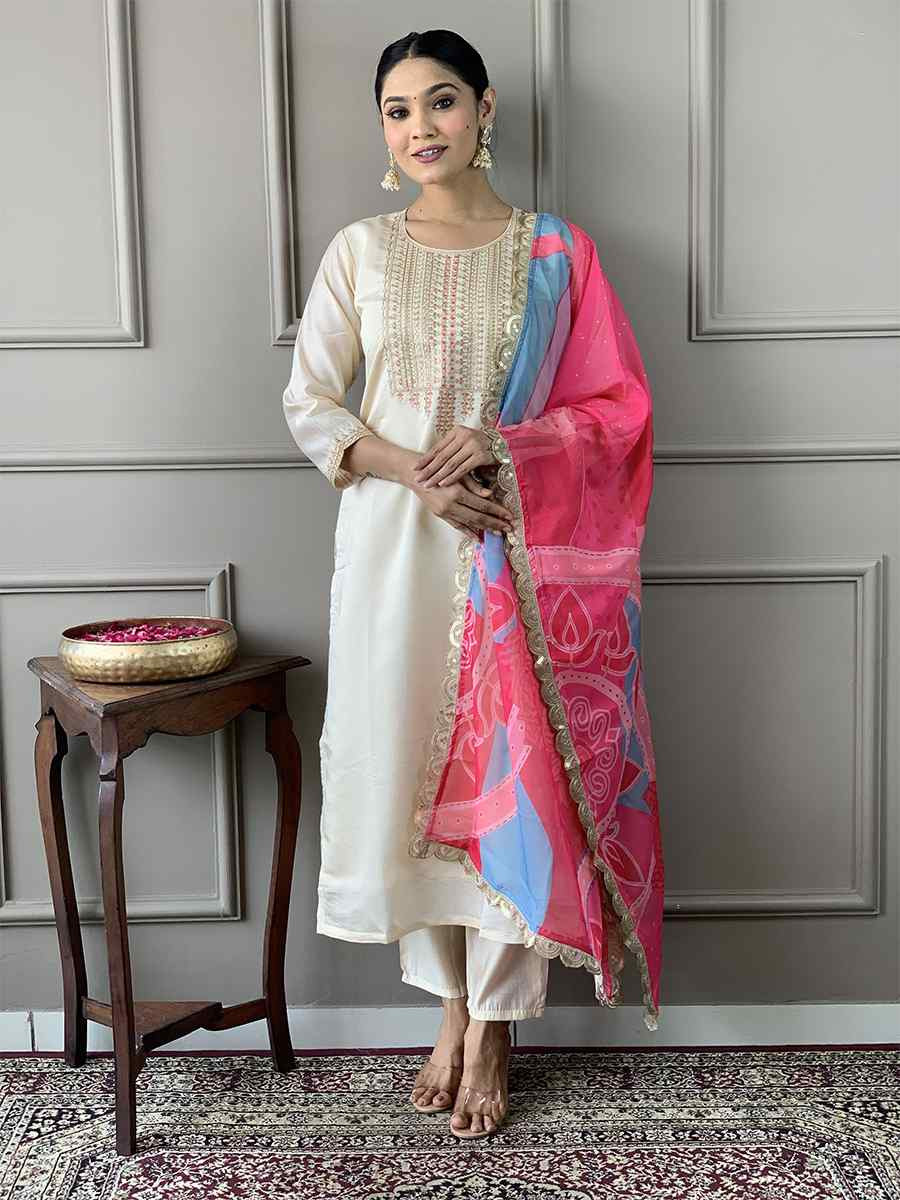 Off White Viscose Chanderi Silk Embroidered Festival Casual Ready Pant Salwar Kameez