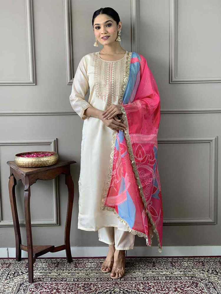 Off White Viscose Chanderi Silk Embroidered Festival Casual Ready Pant Salwar Kameez