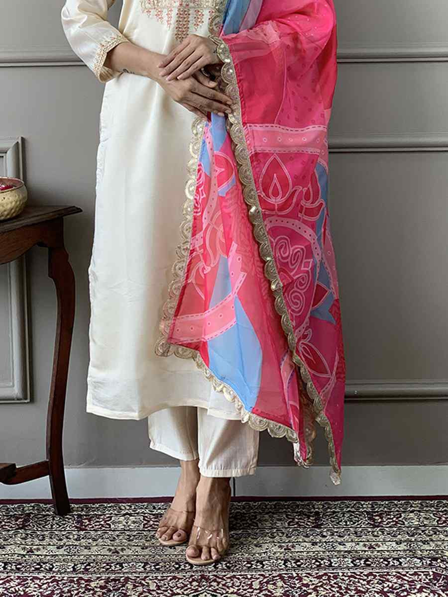 Off White Viscose Chanderi Silk Embroidered Festival Casual Ready Pant Salwar Kameez