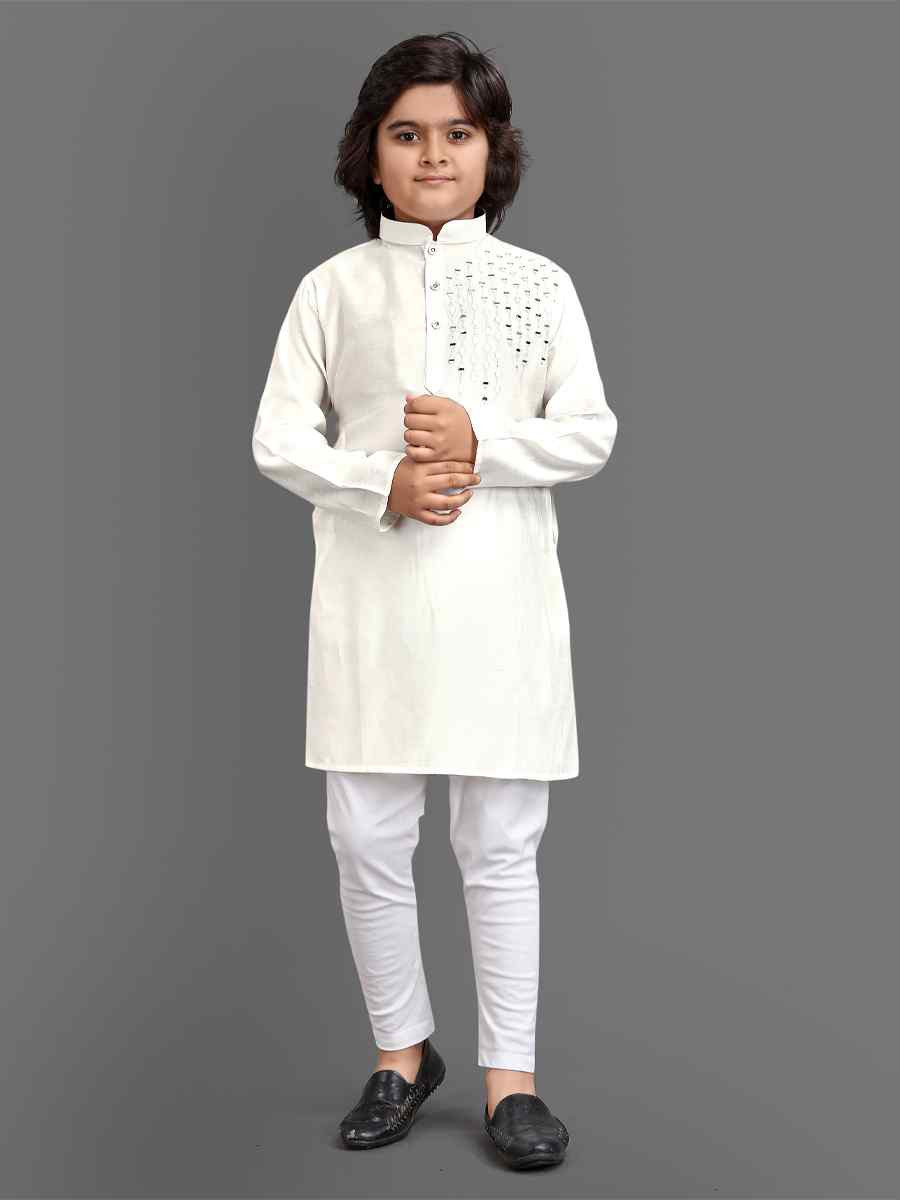 Off White Viscose Embroidered Wedding Casual Kurta Pyjama Boys Wear