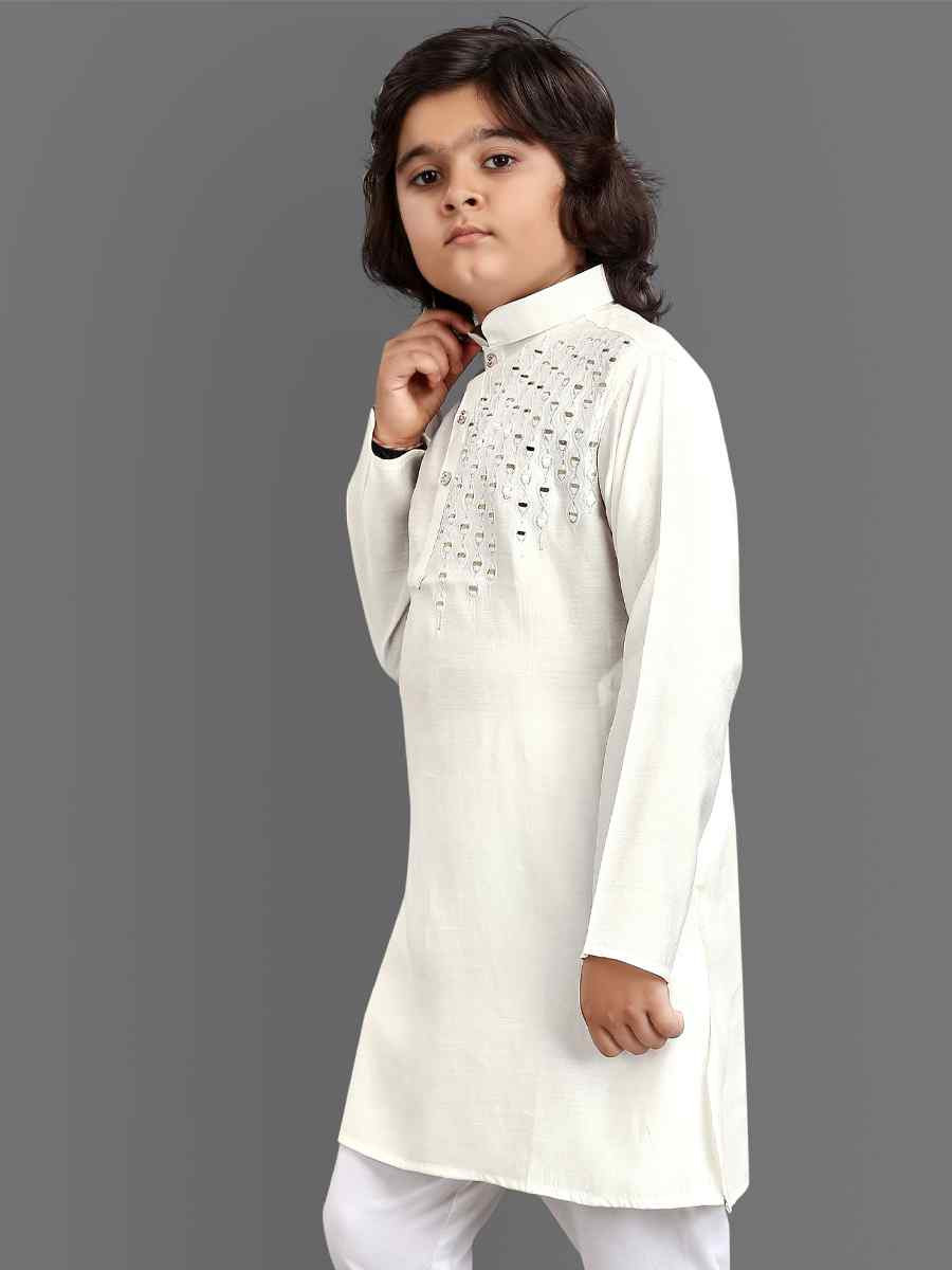 Off White Viscose Embroidered Wedding Casual Kurta Pyjama Boys Wear