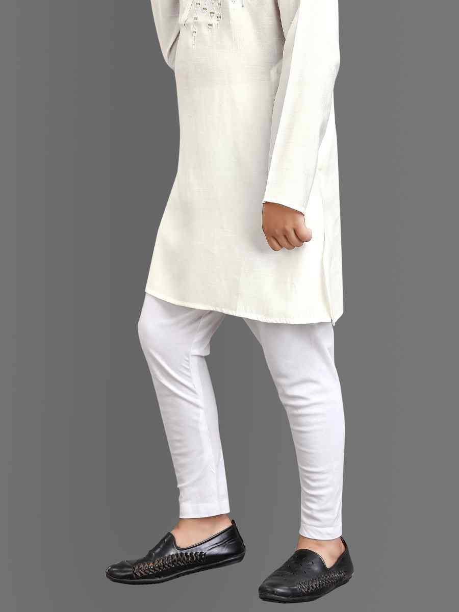 Off White Viscose Embroidered Wedding Casual Kurta Pyjama Boys Wear