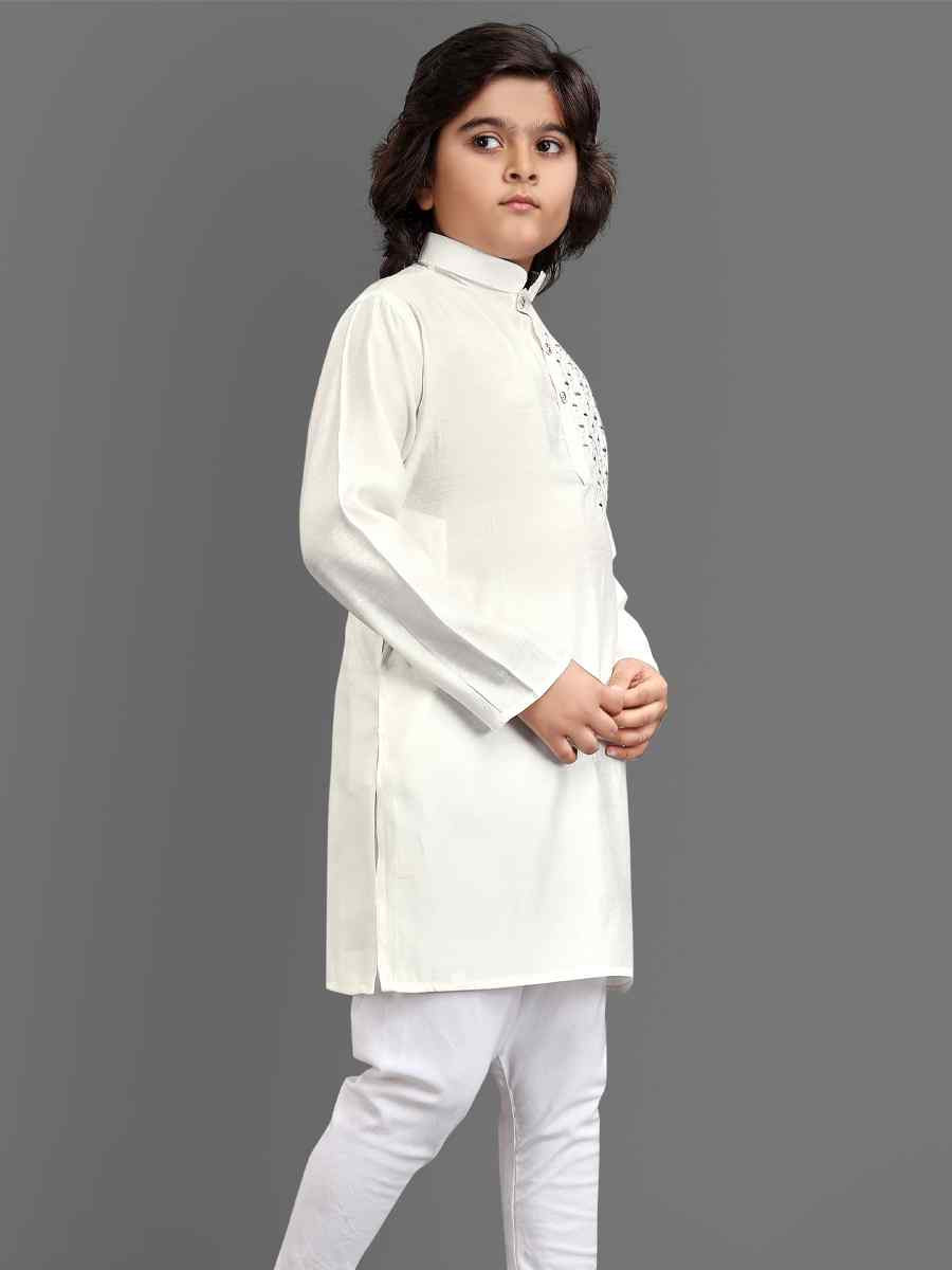 Off White Viscose Embroidered Wedding Casual Kurta Pyjama Boys Wear