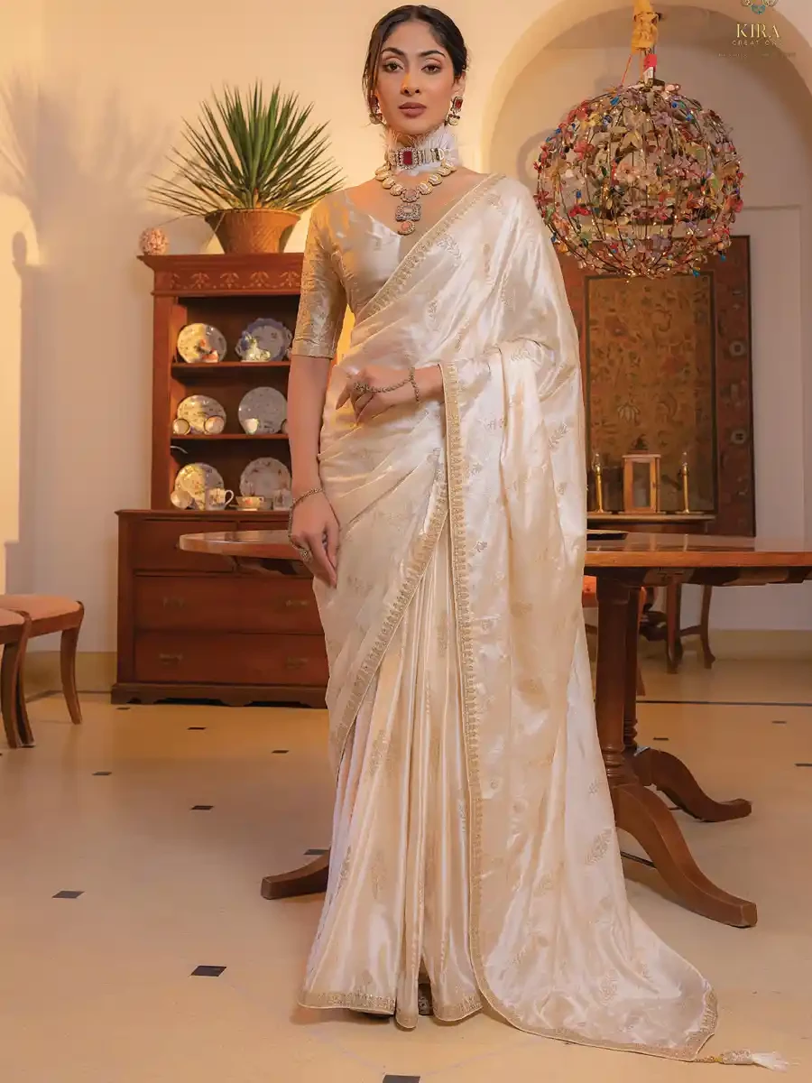 Off White Viscose Satin Silk Embroidered Reception Party Heavy Border Saree