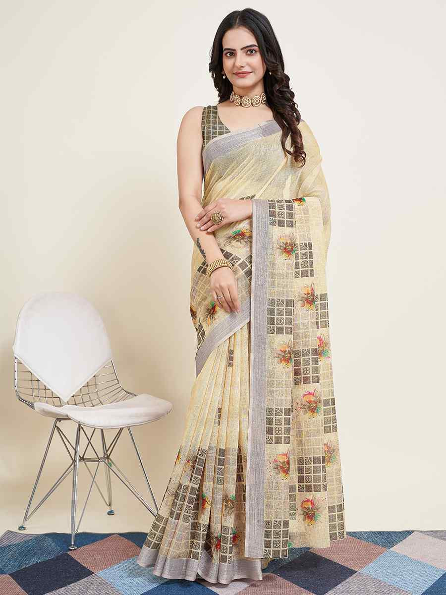 Off Yellow Semi Cotton Printed Festival Casual Contemporary Saree