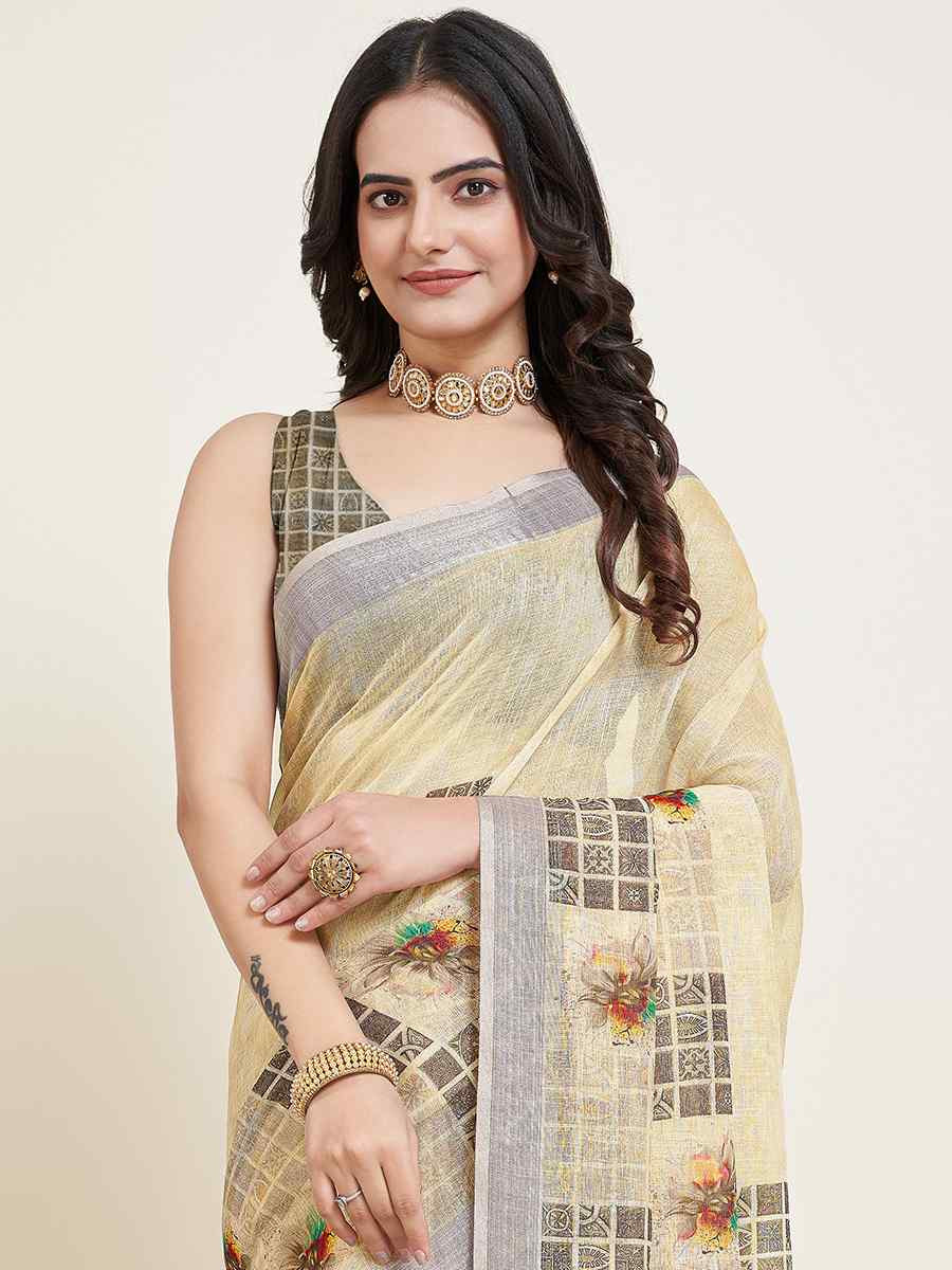 Off Yellow Semi Cotton Printed Festival Casual Contemporary Saree