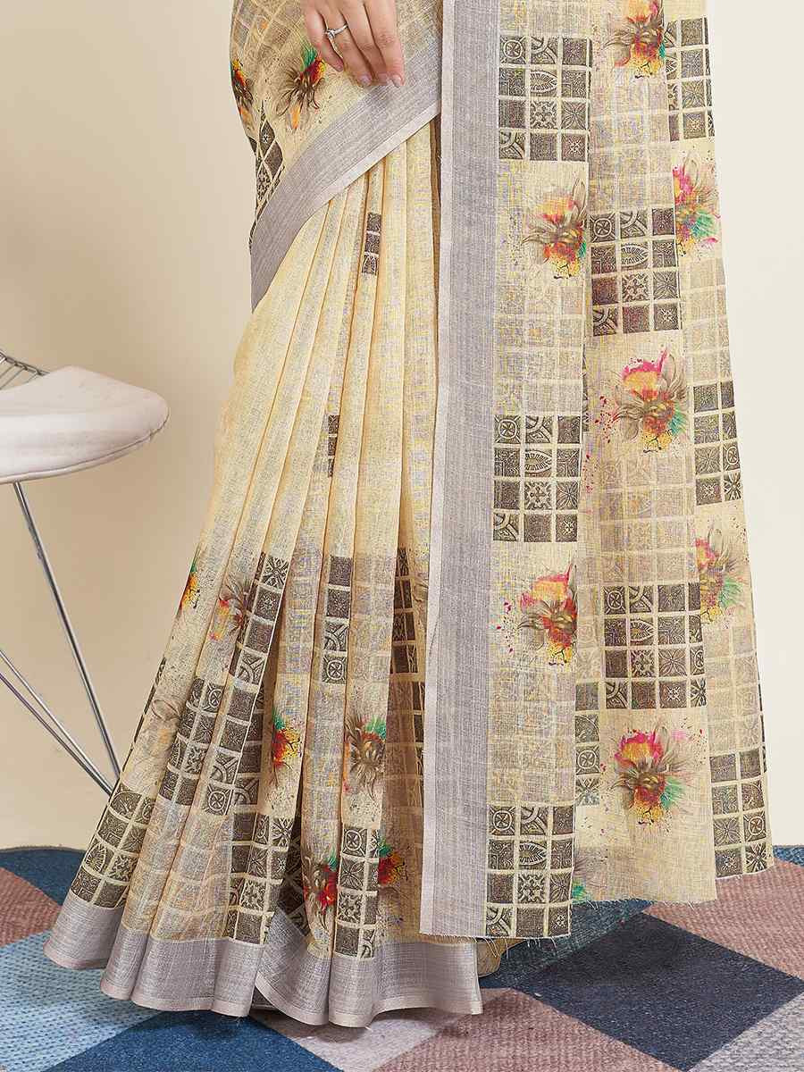 Off Yellow Semi Cotton Printed Festival Casual Contemporary Saree