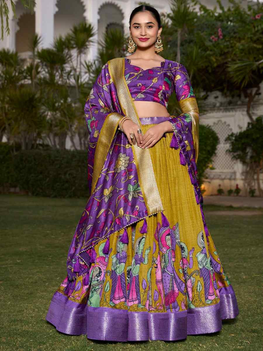 Olive Dola Silk Printed Mehendi Festival Circular Lehenga Choli