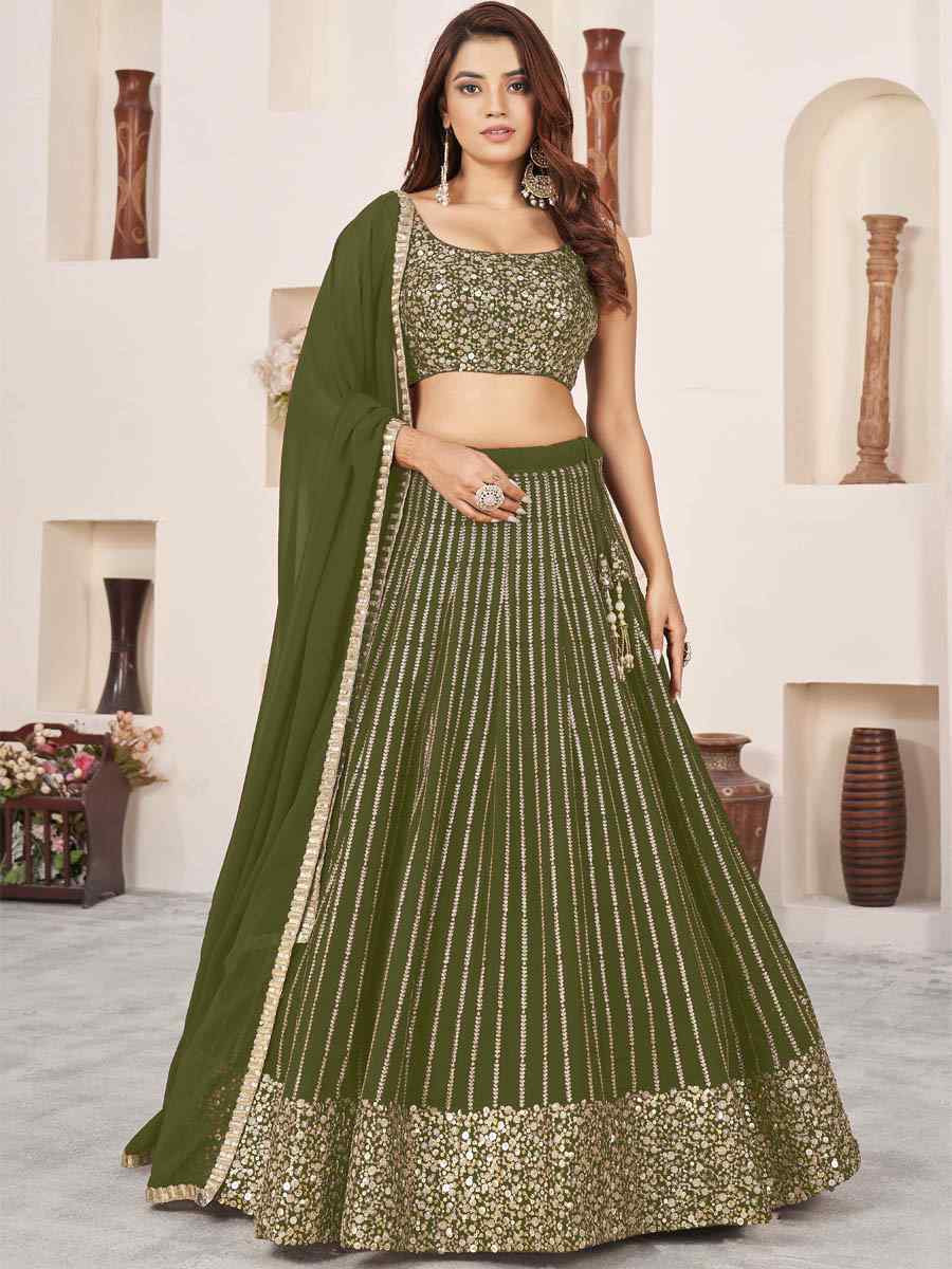 Olive Georgette Embroidered Festival Mehendi Traditional Lehenga Choli