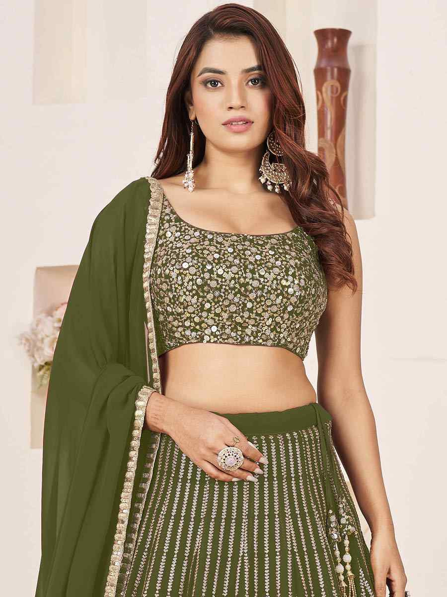 Olive Georgette Embroidered Festival Mehendi Traditional Lehenga Choli