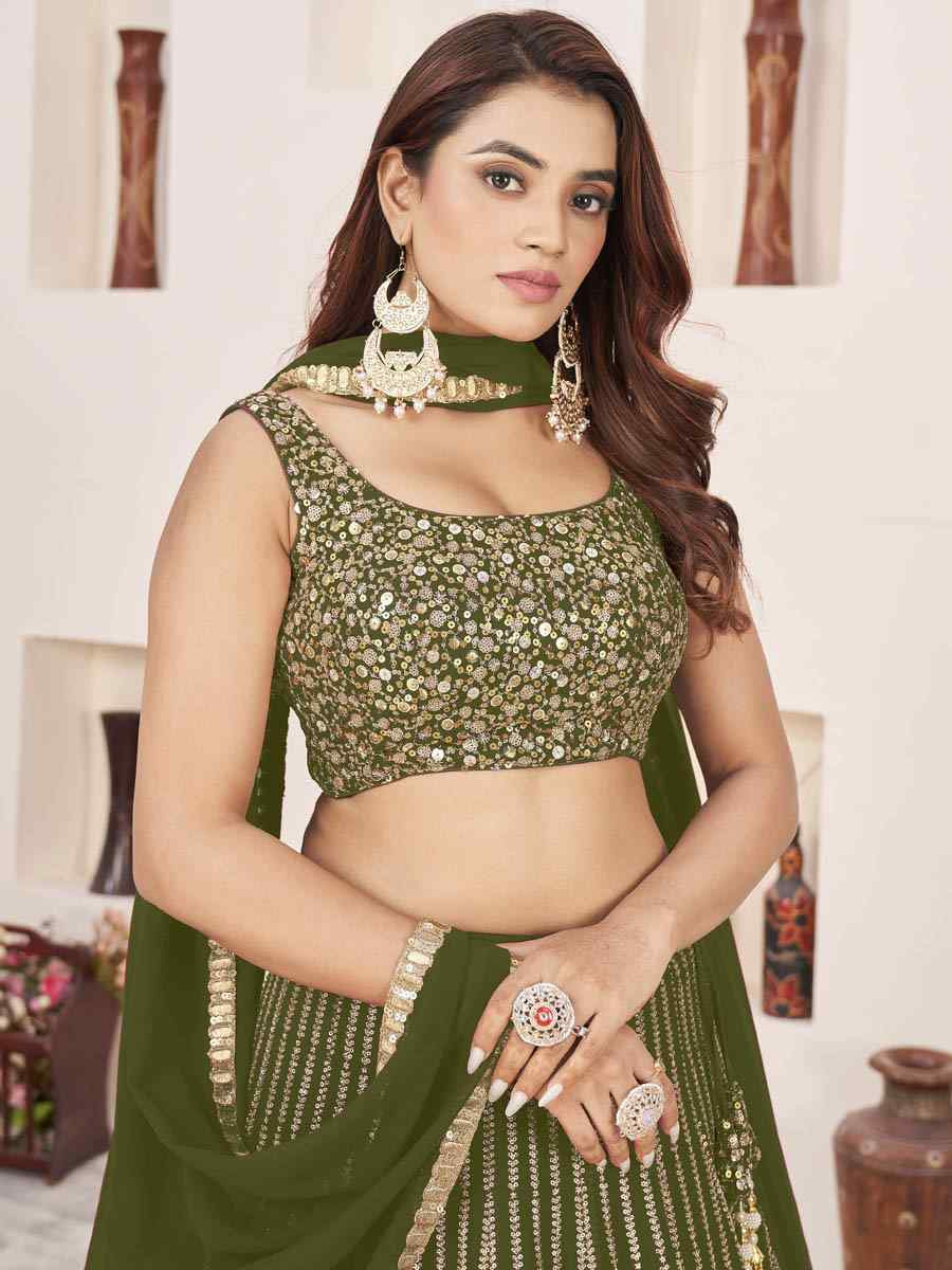 Olive Georgette Embroidered Festival Mehendi Traditional Lehenga Choli