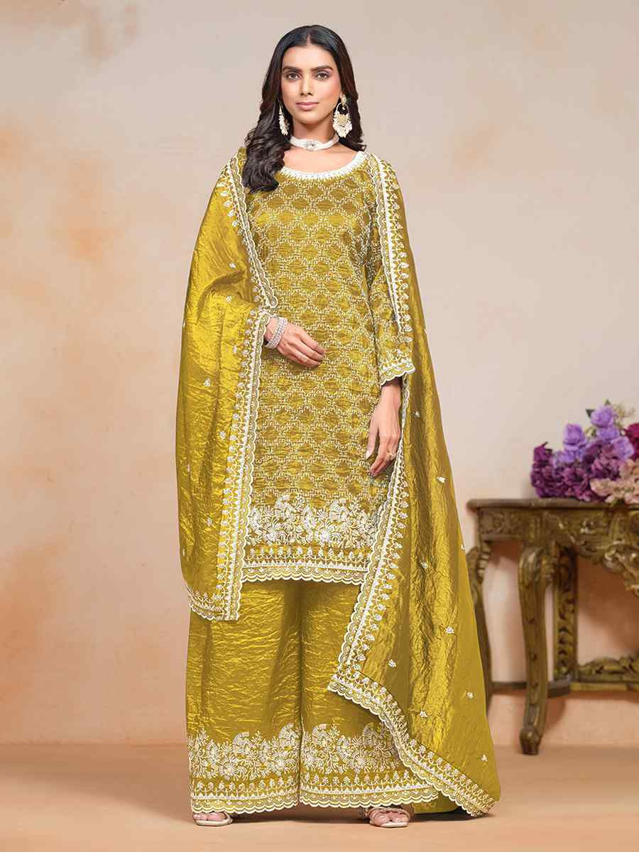 Olive Gold Crush Embroidered Festival Wedding Palazzo Pant Salwar Kameez