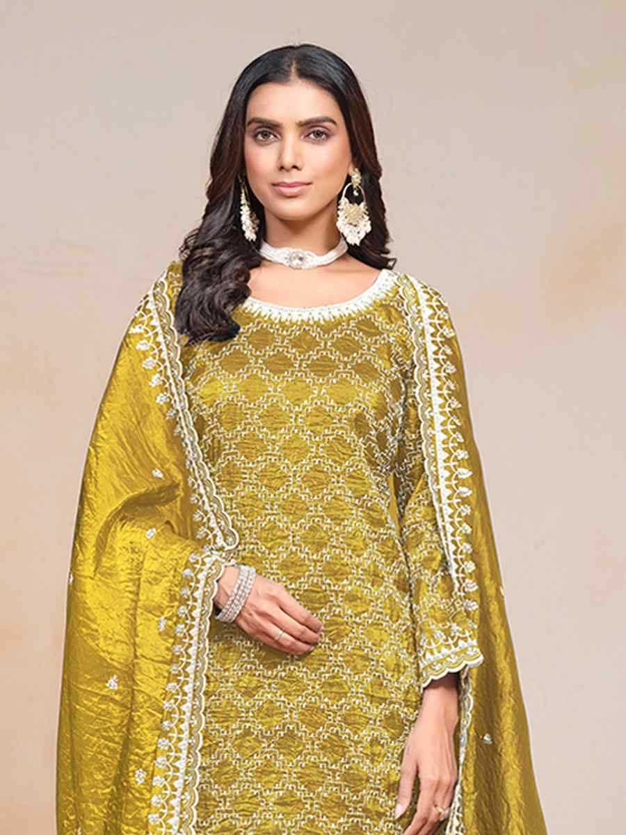 Olive Gold Crush Embroidered Festival Wedding Palazzo Pant Salwar Kameez