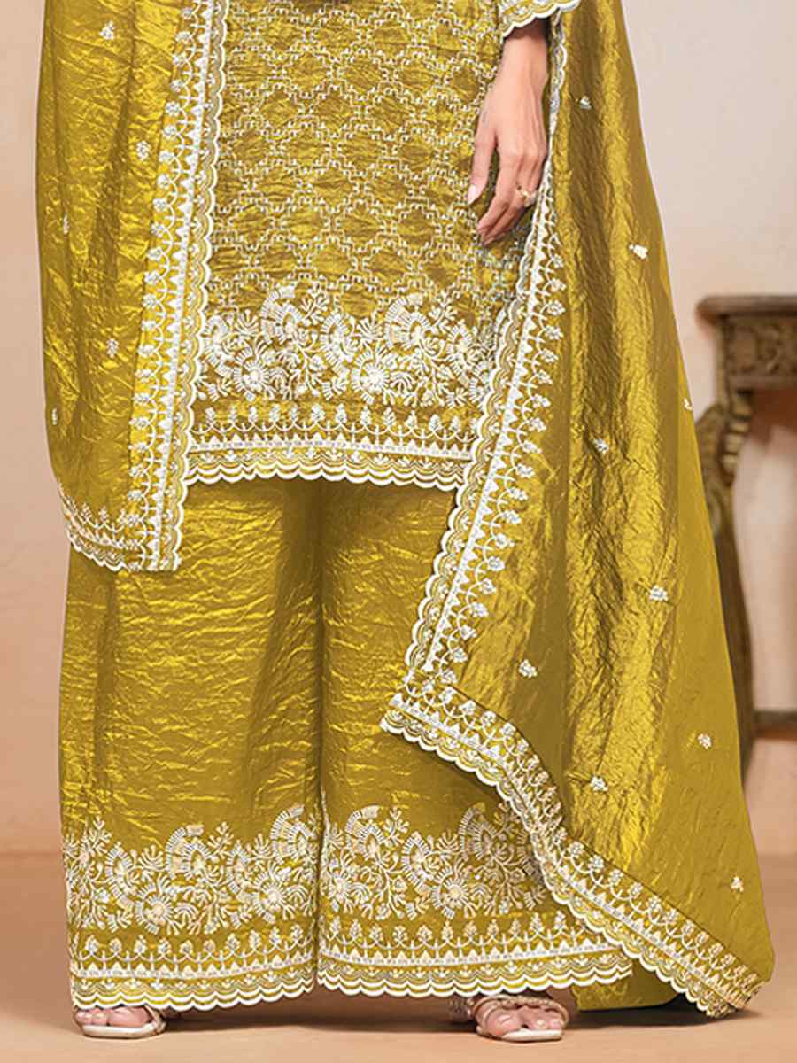 Olive Gold Crush Embroidered Festival Wedding Palazzo Pant Salwar Kameez