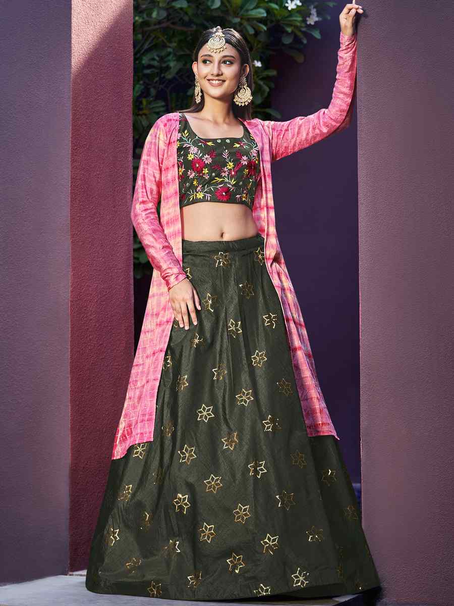 Embroidered Chiffon Tiered Lehenga in Olive Green : LCC1505