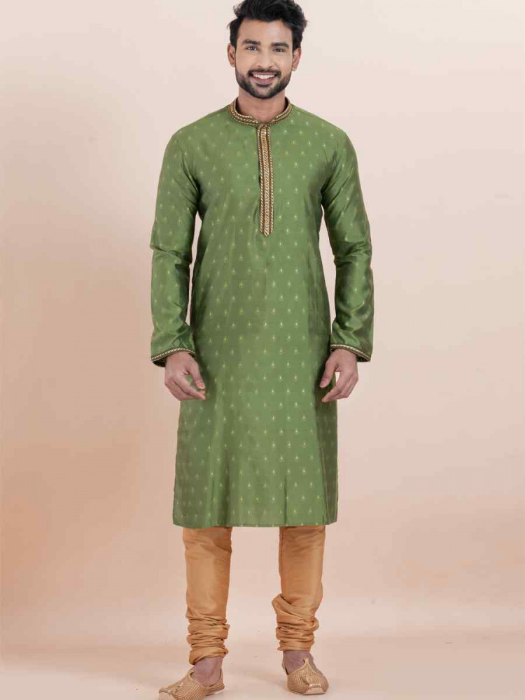 Olive Green Cotton Silk Jacquard Embroidered Festival Wedding Kurta Pyjama Men&#039;s Wear