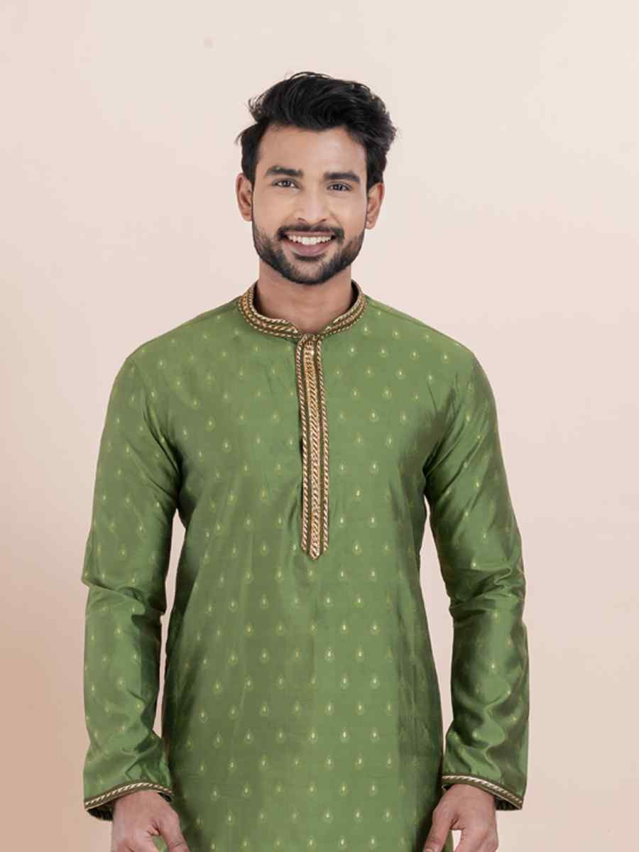 Olive Green Cotton Silk Jacquard Embroidered Festival Wedding Kurta Pyjama Men's Wear