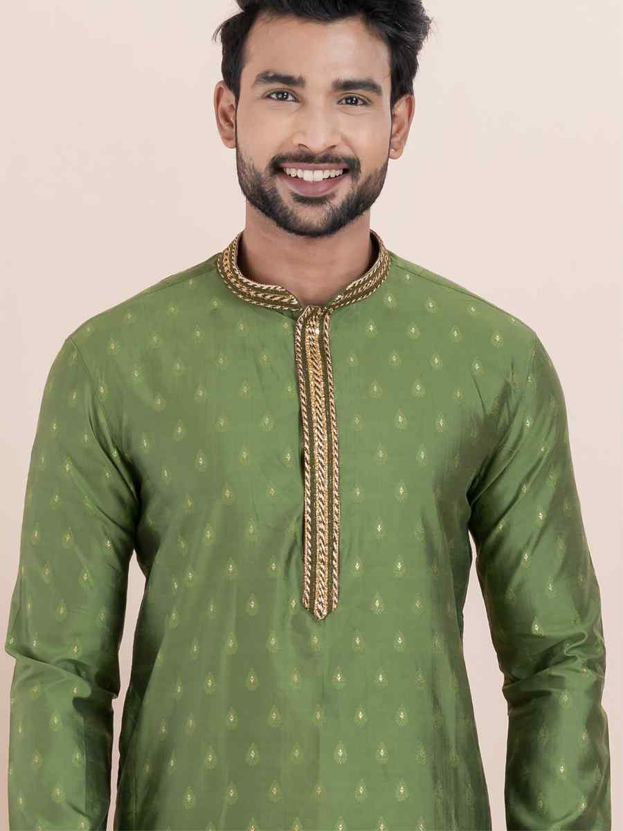 Olive Green Cotton Silk Jacquard Embroidered Festival Wedding Kurta Pyjama Men's Wear