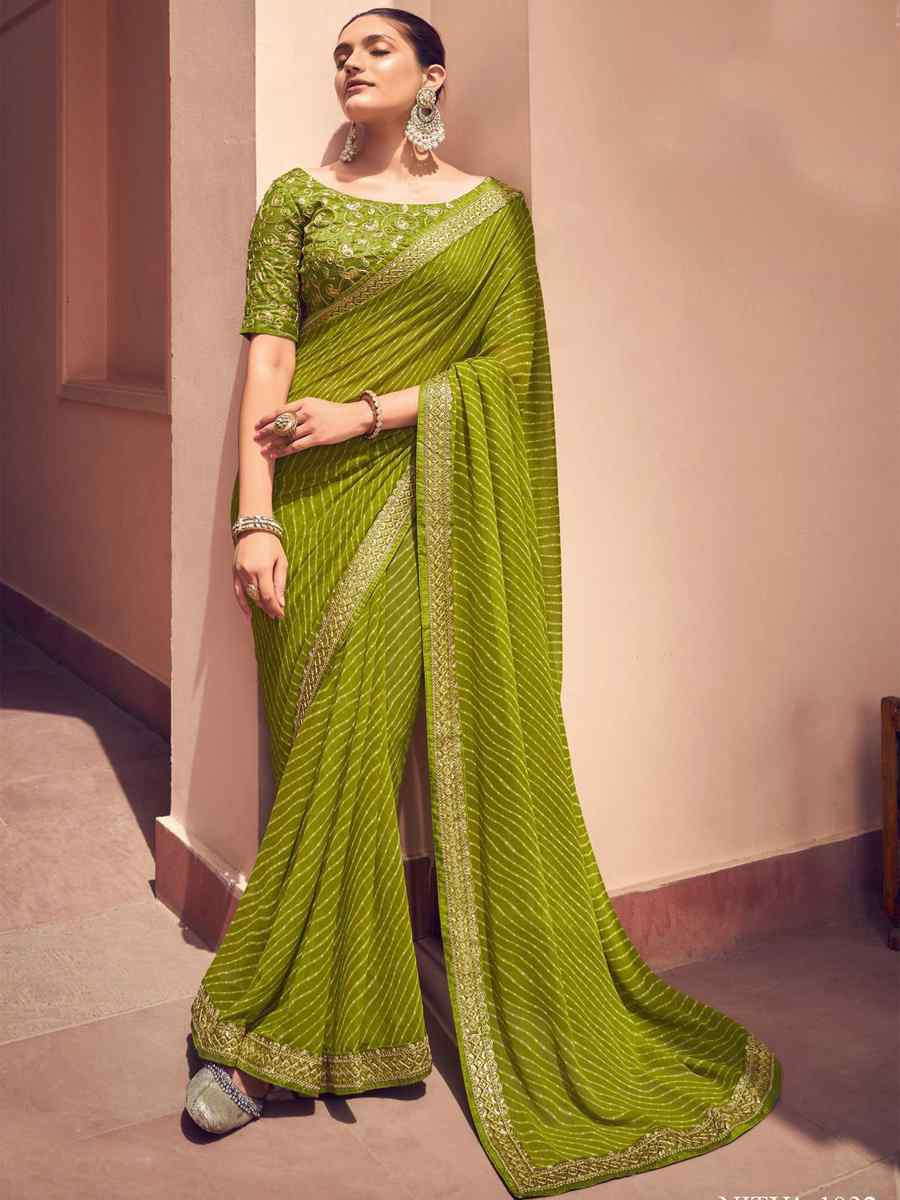 Olive Green Georgette Embroidered Festival Party Classic Style Saree