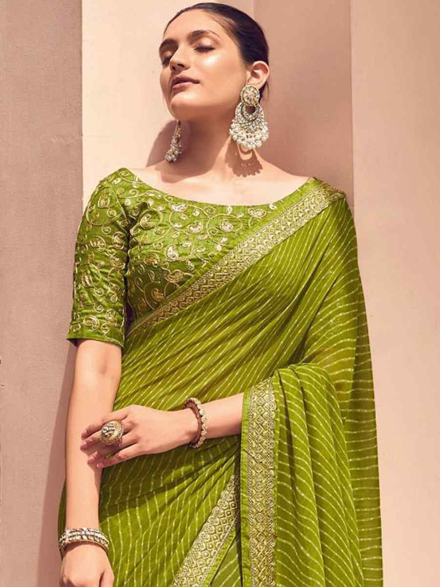 Olive Green Georgette Embroidered Festival Party Classic Style Saree