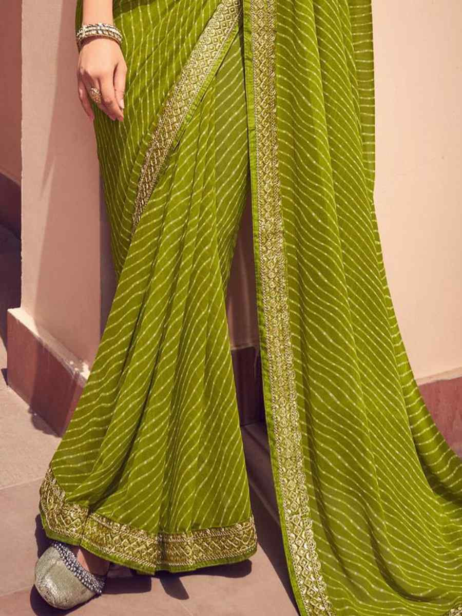 Olive Green Georgette Embroidered Festival Party Classic Style Saree