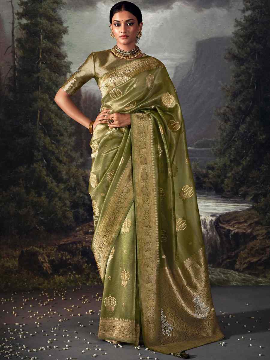 Olive Green Organza Handwoven Festival Wedding Heavy Border Saree