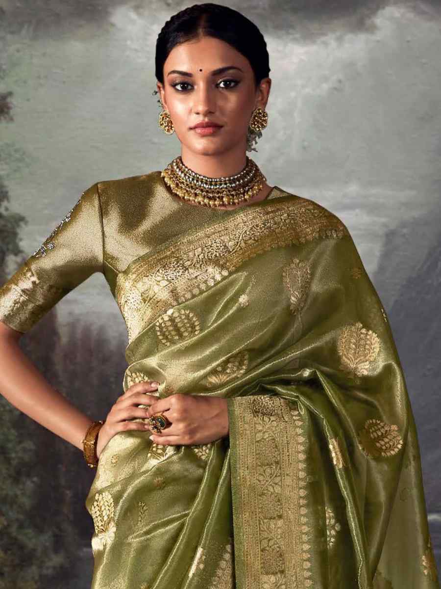 Olive Green Organza Handwoven Festival Wedding Heavy Border Saree