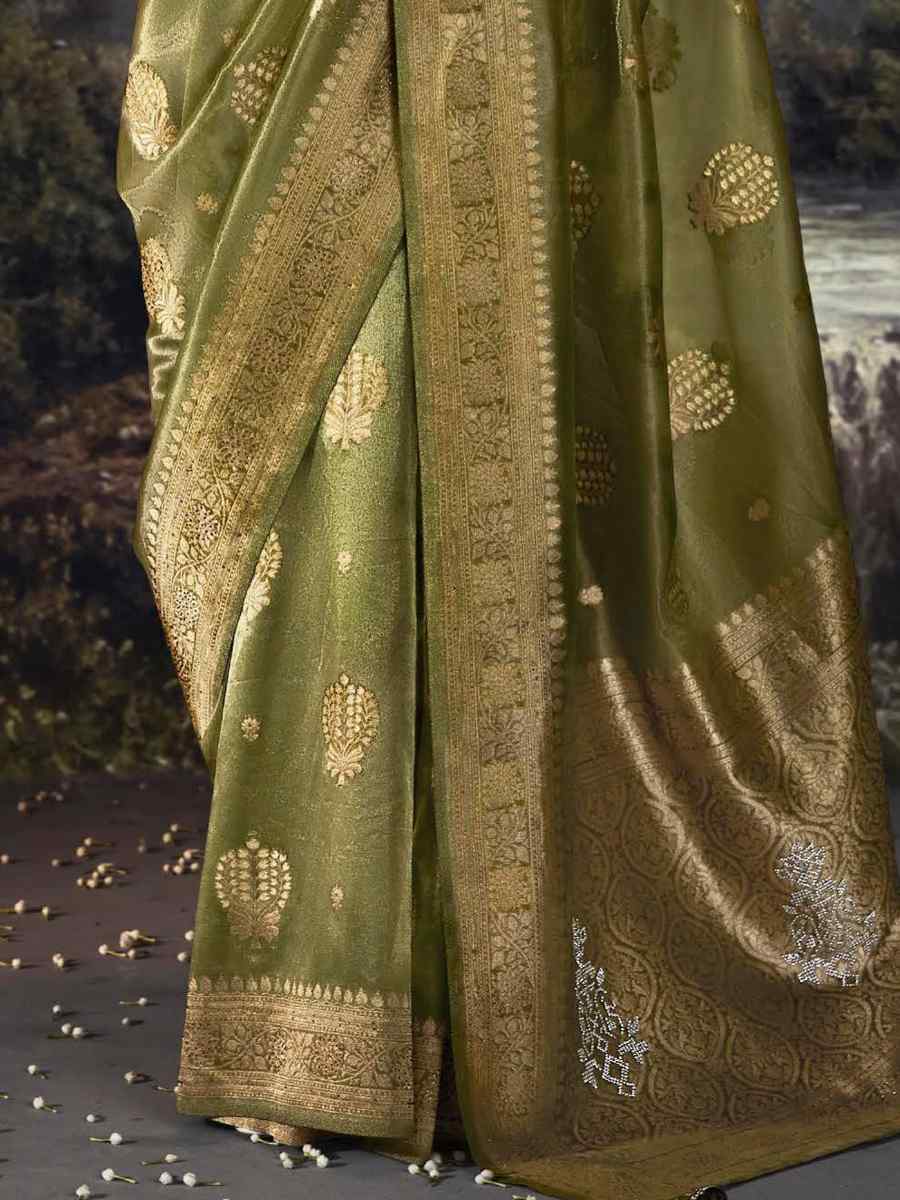 Olive Green Organza Handwoven Festival Wedding Heavy Border Saree